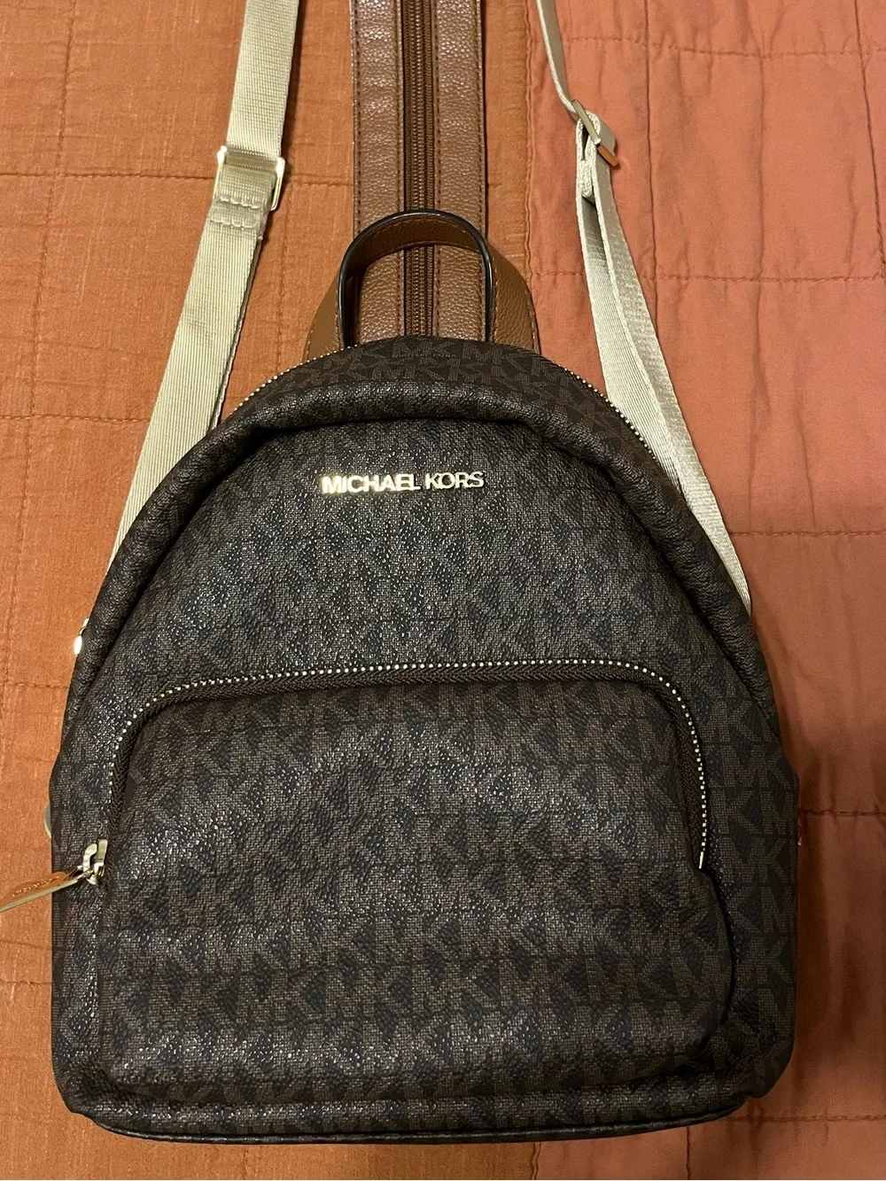 Michael Kors Dark Brown Monogram Backpack with Gold Logo